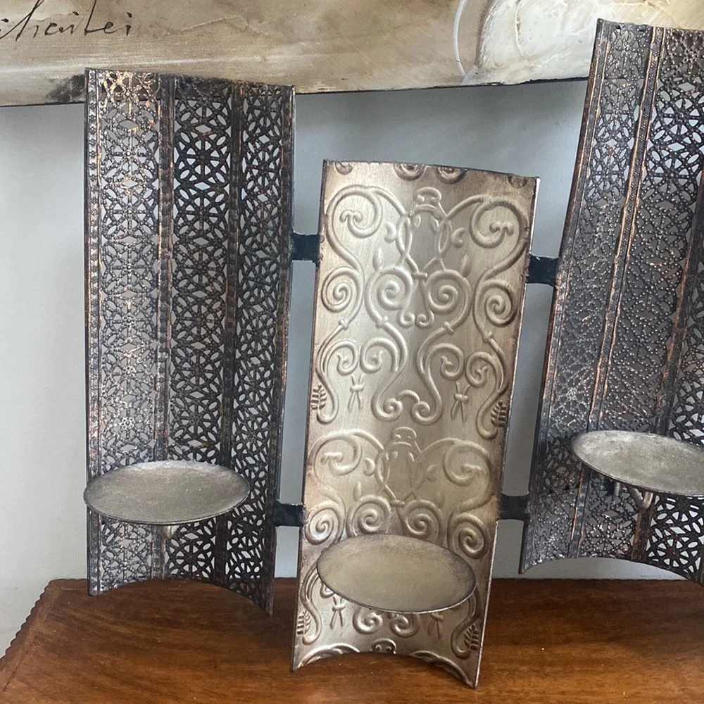 Vintage Pier 1 Metal Scroll Wall Sconce Candle Holder 4 Pillar Earth Tones